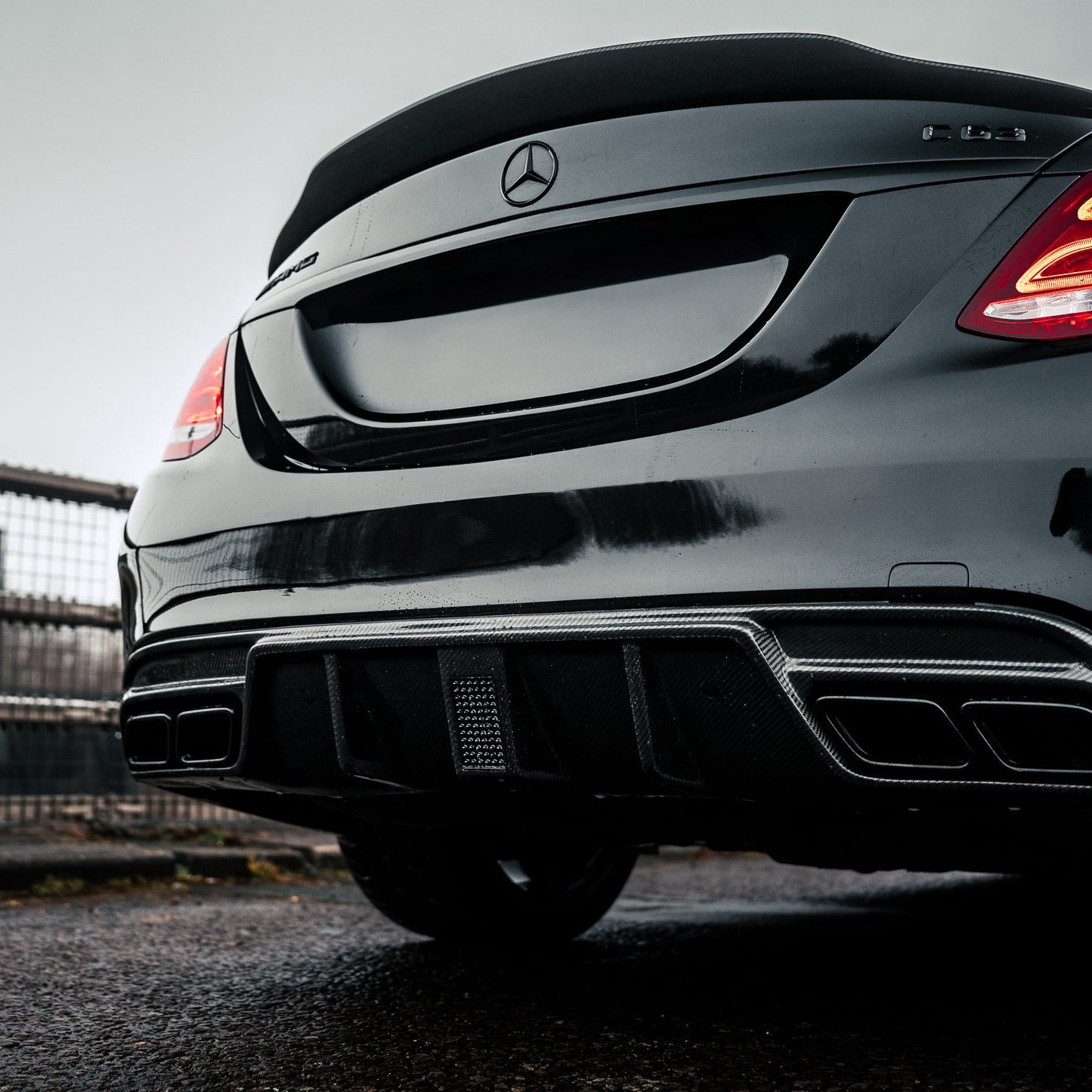 Side View of Mercedes C63 AMG W205 Saloon with Carbon Fibre F1 Brake Light Rear Diffuser Installed