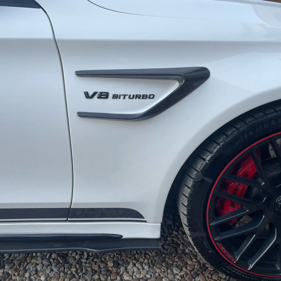 Side View of Mercedes C63 AMG W205 Saloon with Carbon Fibre Fender Trim Installed