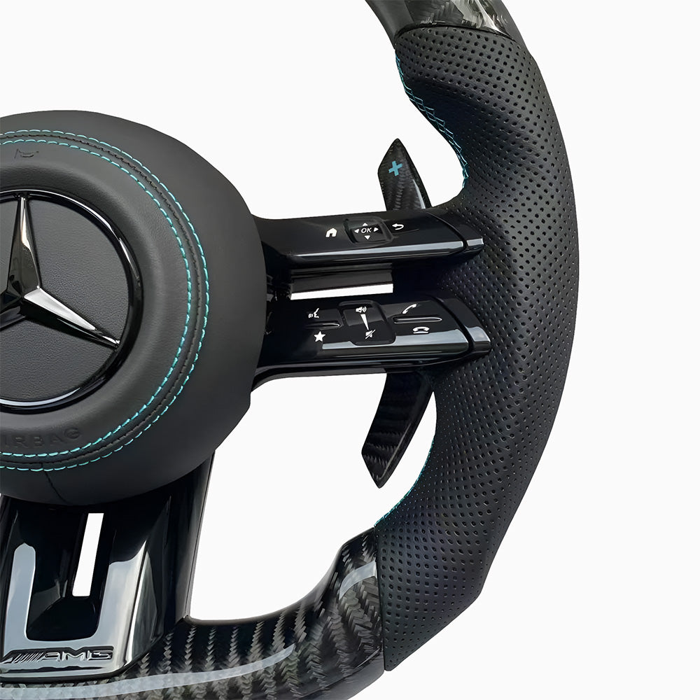 Close-Up of Custom Carbon Fibre Steering Wheel for Mercedes AMG 2021 Style