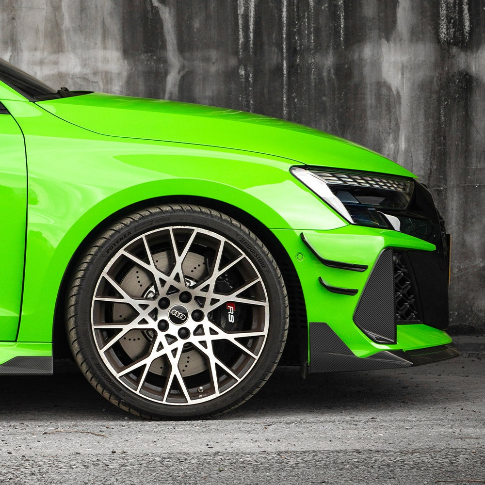 SOOQOO carbon fibre front canards installed on Audi RS3 (8Y), front three-quarter outdoor view