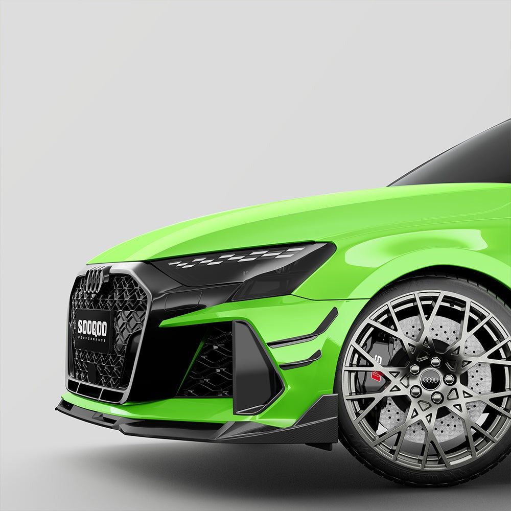 SOOQOO carbon fibre front canards on Audi RS3 (8Y), front three-quarter view with wheel