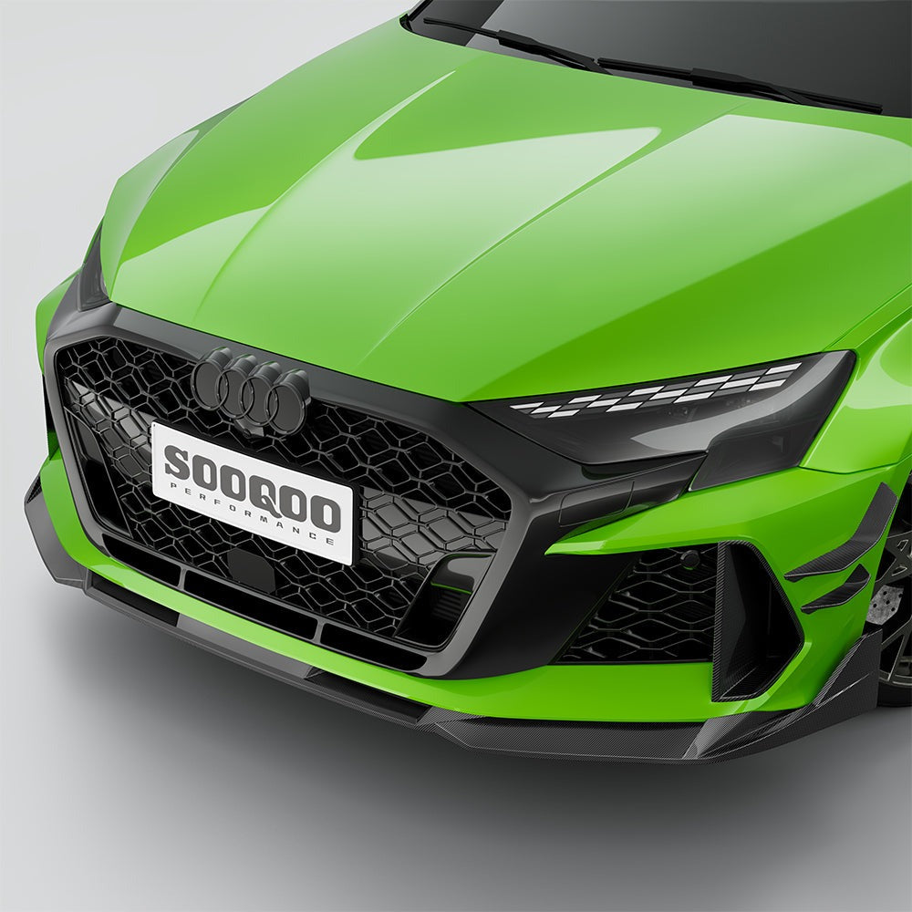 SOOQOO carbon fibre front lip on Audi RS3 (8Y), alternate front three-quarter angle