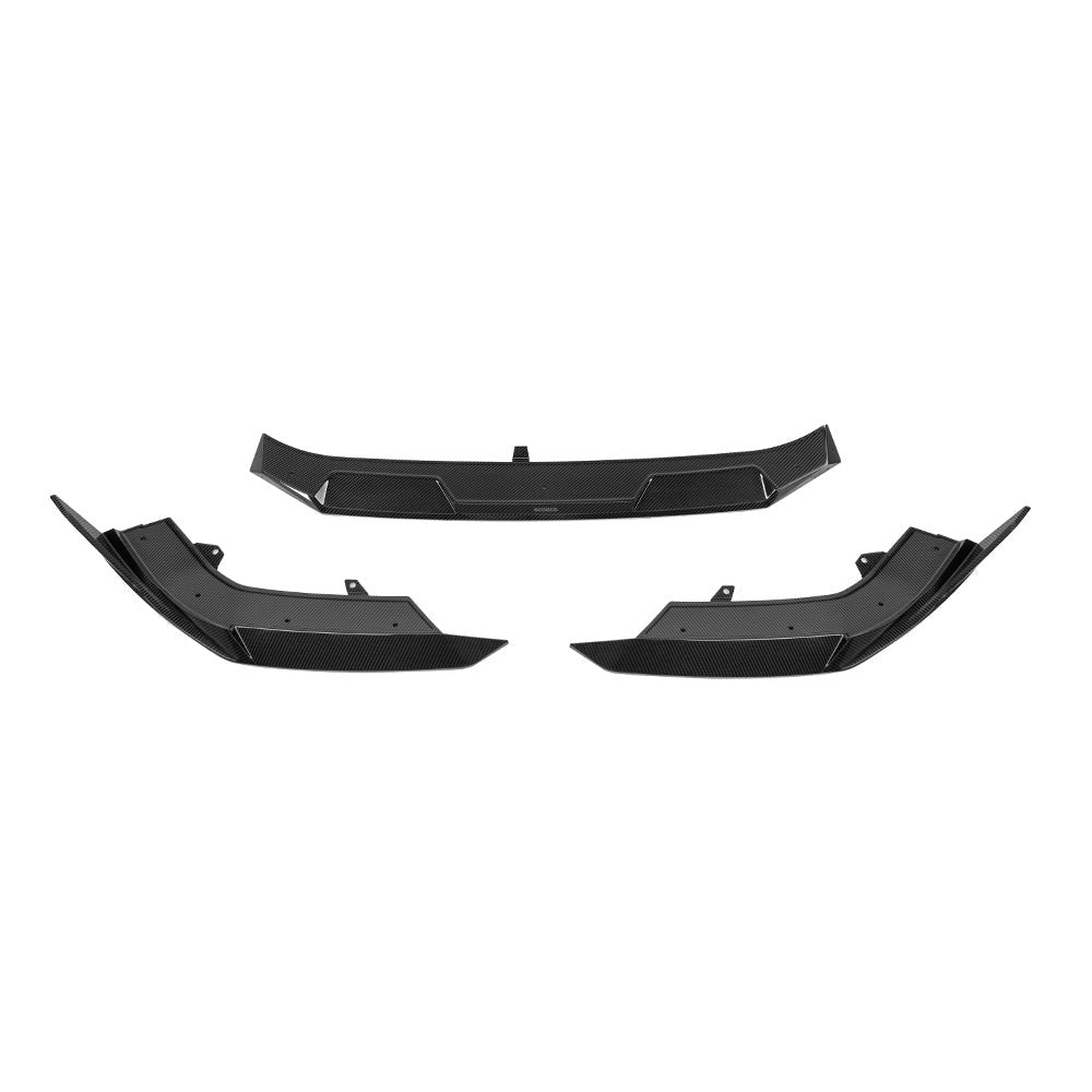 SOOQOO carbon fibre front lip kit set for Audi RS3 (8Y), pieces shown in studio view
