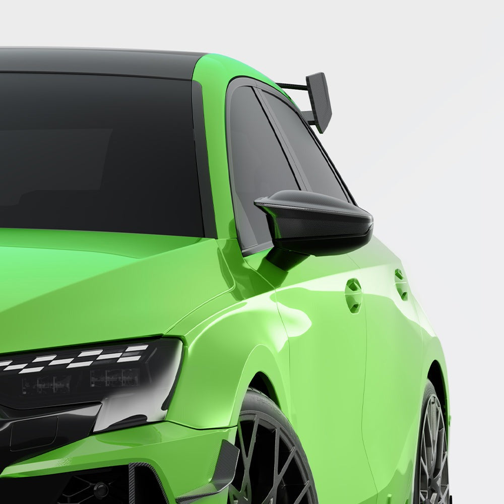 SOOQOO carbon fibre mirror covers on Audi RS3 (8Y), front three-quarter view