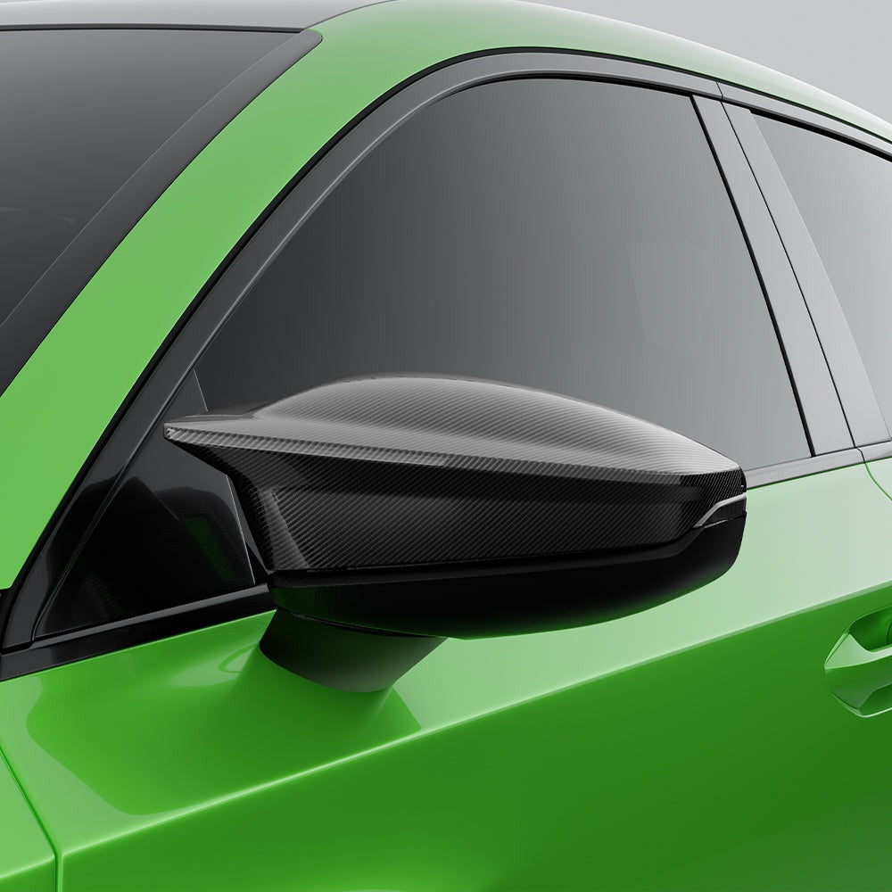 SOOQOO carbon fibre mirror covers installed on Audi RS3 (8Y), side view detail