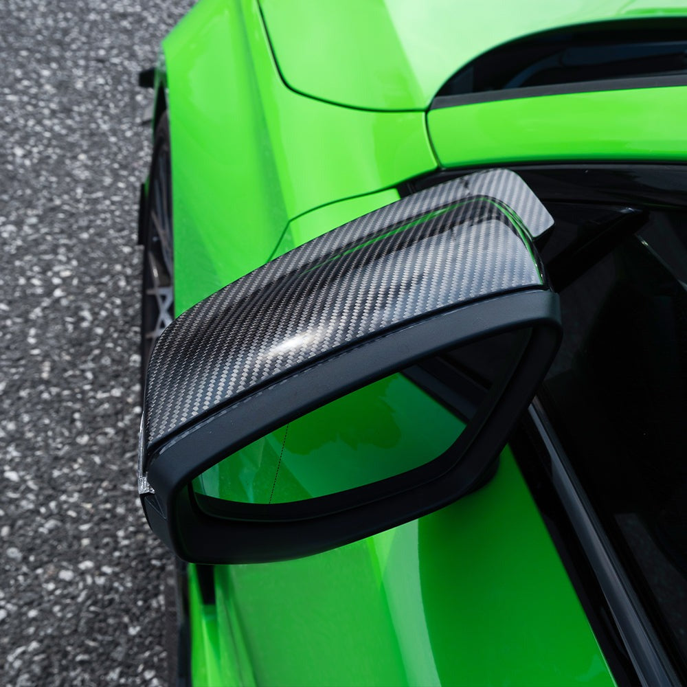 SOOQOO carbon fibre mirror covers installed on Audi RS3 (8Y), top angle detail