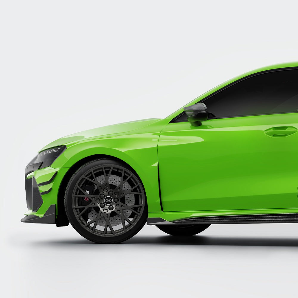 SOOQOO carbon fibre mirror covers on Audi RS3 (8Y), side profile view with wheel