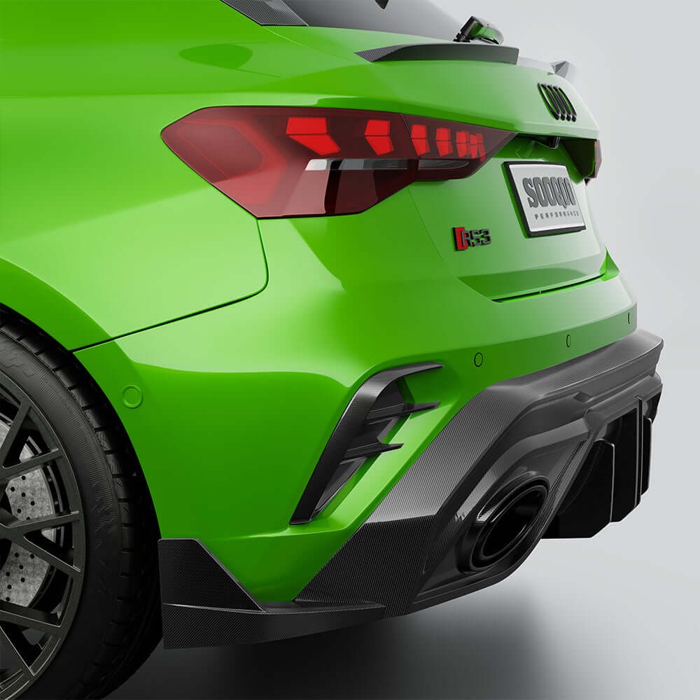 SOOQOO carbon fibre rear bumper inserts installed on Audi RS3 (8Y), rear three-quarter view