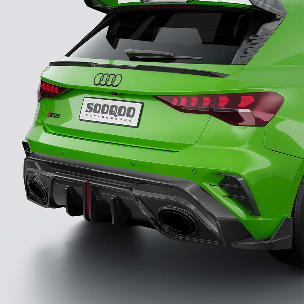 SOOQOO carbon fibre rear diffuser on Audi RS3 (8Y), rear angle close-up detail