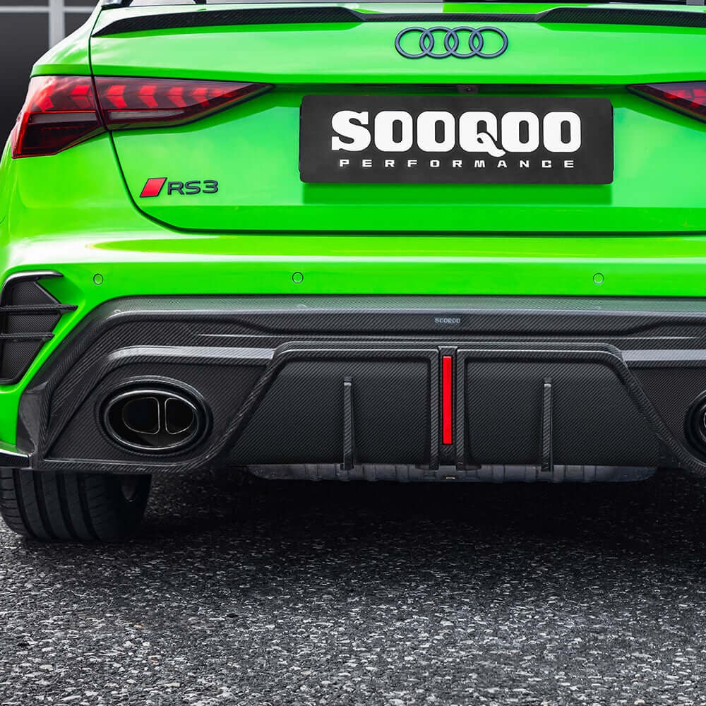 SOOQOO carbon fibre rear diffuser installed on Audi RS3 (8Y), rear close-up view