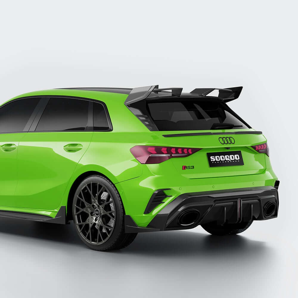 SOOQOO carbon fibre rear diffuser installed on Audi RS3 (8Y), rear three-quarter wide view
