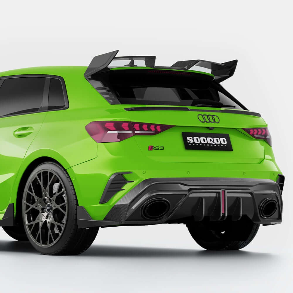 SOOQOO carbon fibre rear diffuser installed on Audi RS3 (8Y), rear three-quarter view