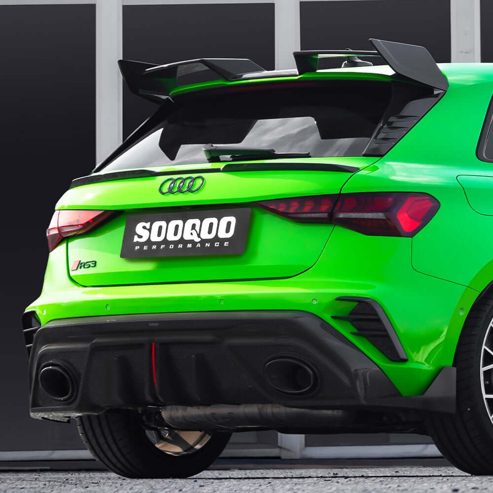 SOOQOO carbon fibre rear spoiler installed on Audi RS3 (8Y), rear three-quarter view