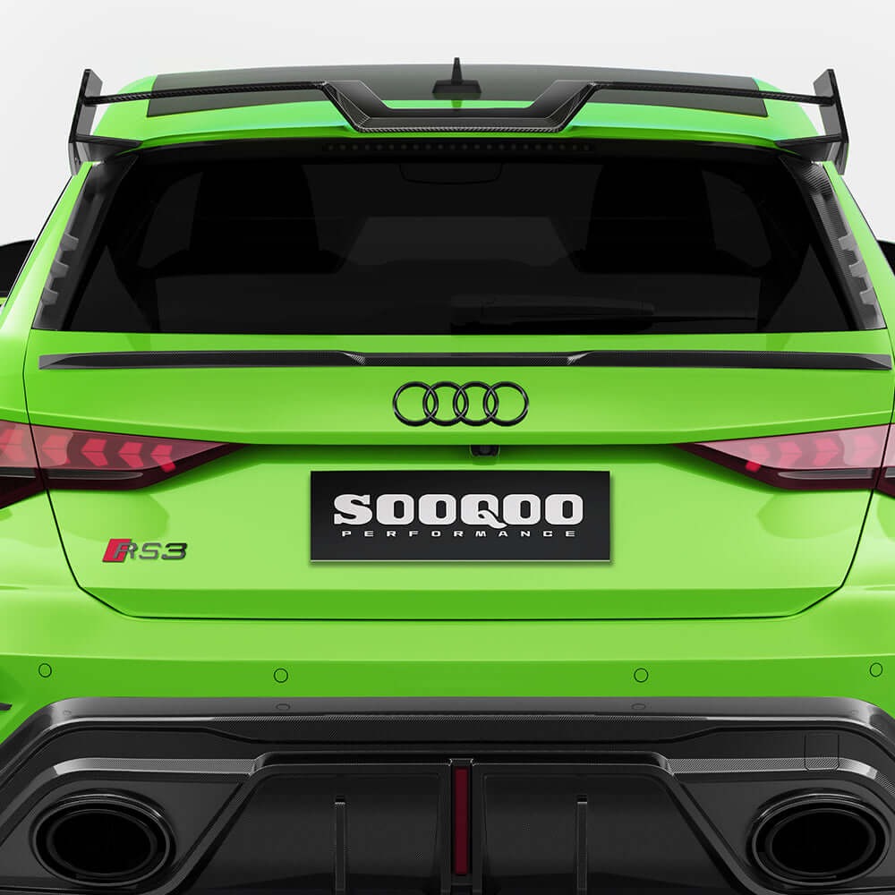 SOOQOO carbon fibre rear spoiler installed on Audi RS3 (8Y), straight rear view