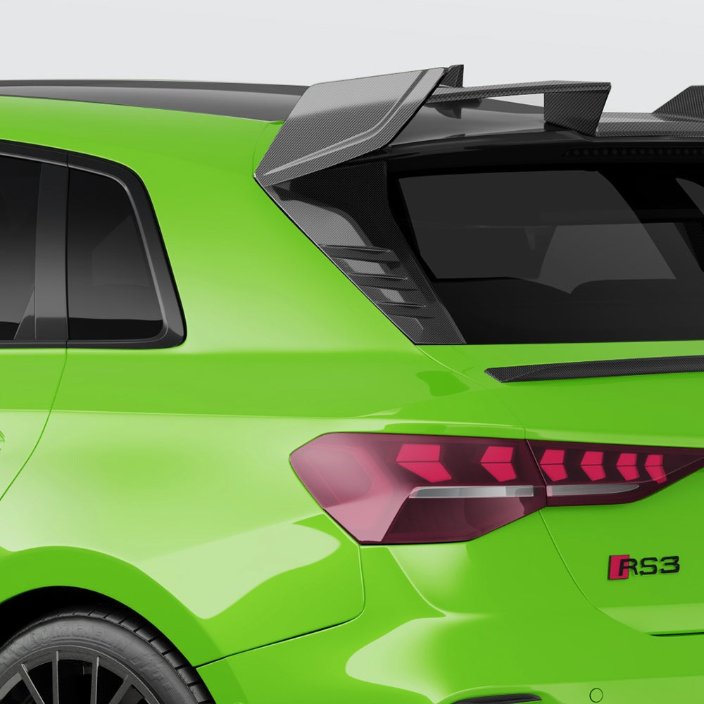 SOOQOO carbon fibre rear window fins on Audi RS3 (8Y), side rear quarter view