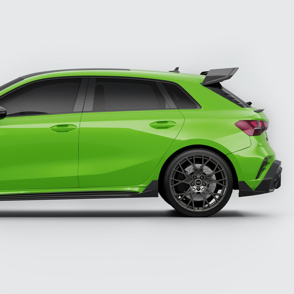 SOOQOO carbon fibre side skirts installed on Audi RS3 (8Y), front three-quarter view