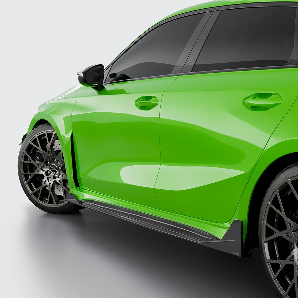 SOOQOO carbon fibre side skirts installed on Audi RS3 (8Y), side profile close-up