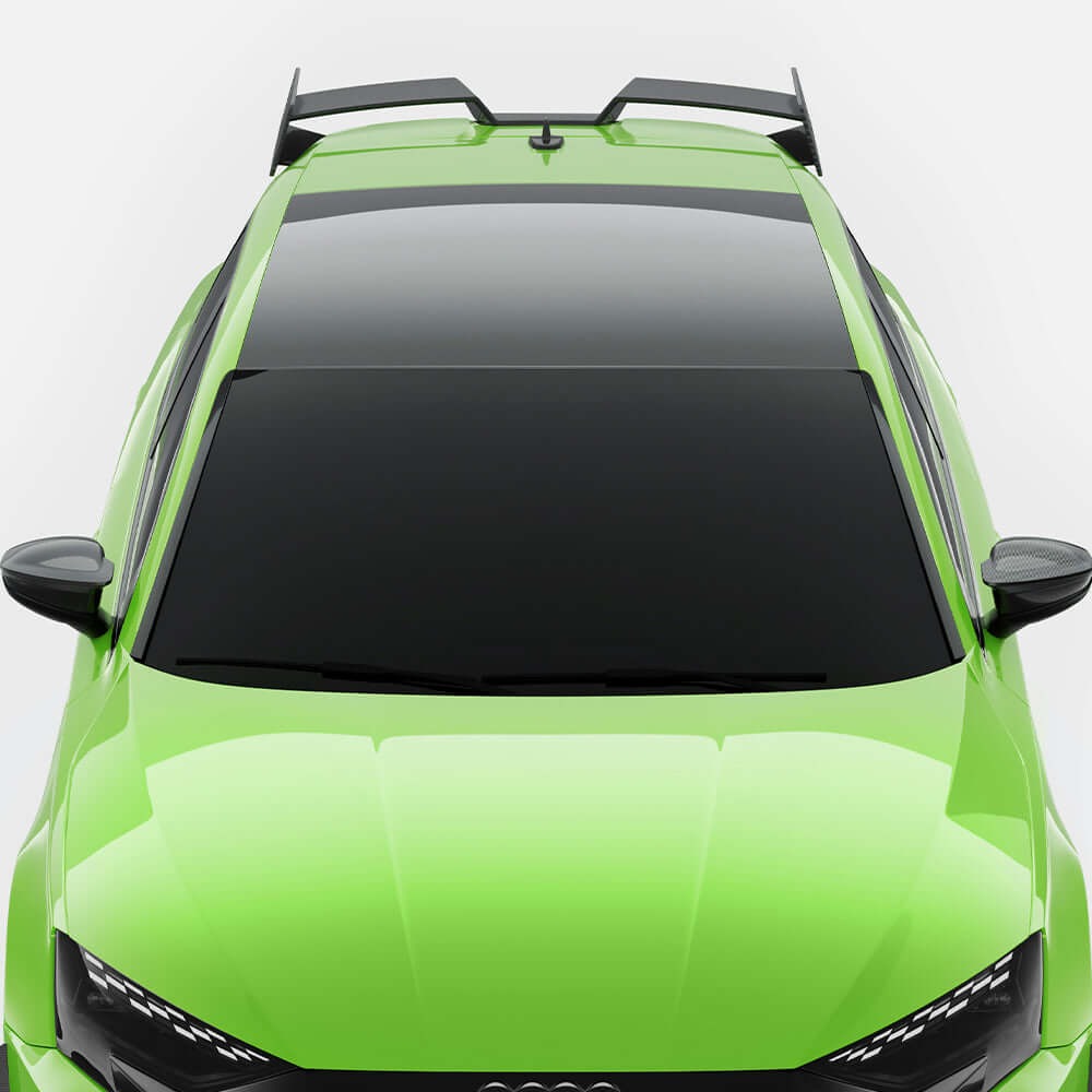 SOOQOO carbon fibre top spoiler installed on Audi RS3 (8Y), roofline rear view