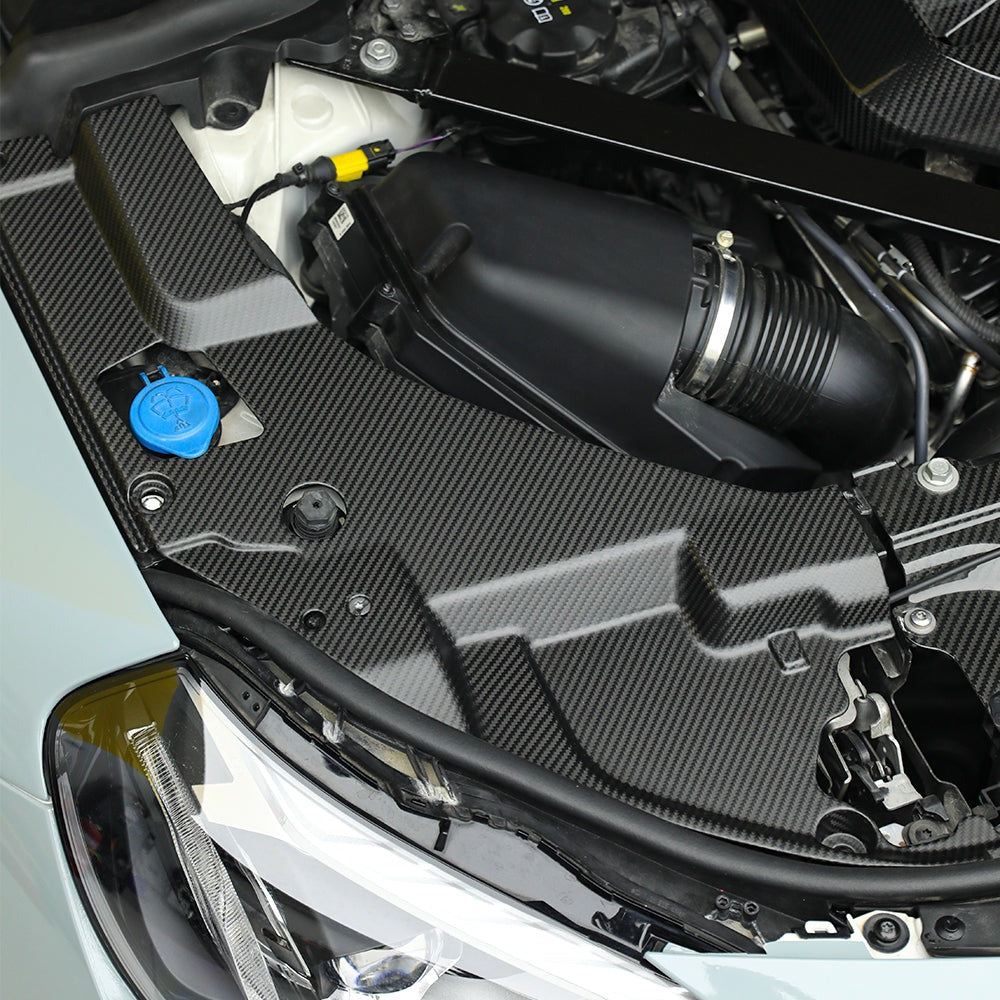 SOOQOO carbon fibre engine bay trim installed on BMW M2 (G87), engine bay overview
