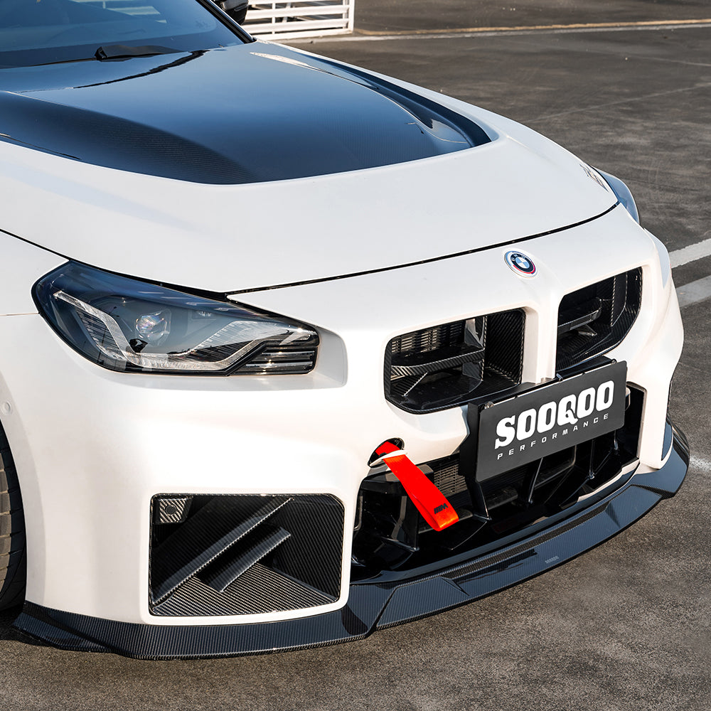 SOOQOO carbon fibre Front Splitter V3 on BMW M2 (G87), front three-quarter outdoor view