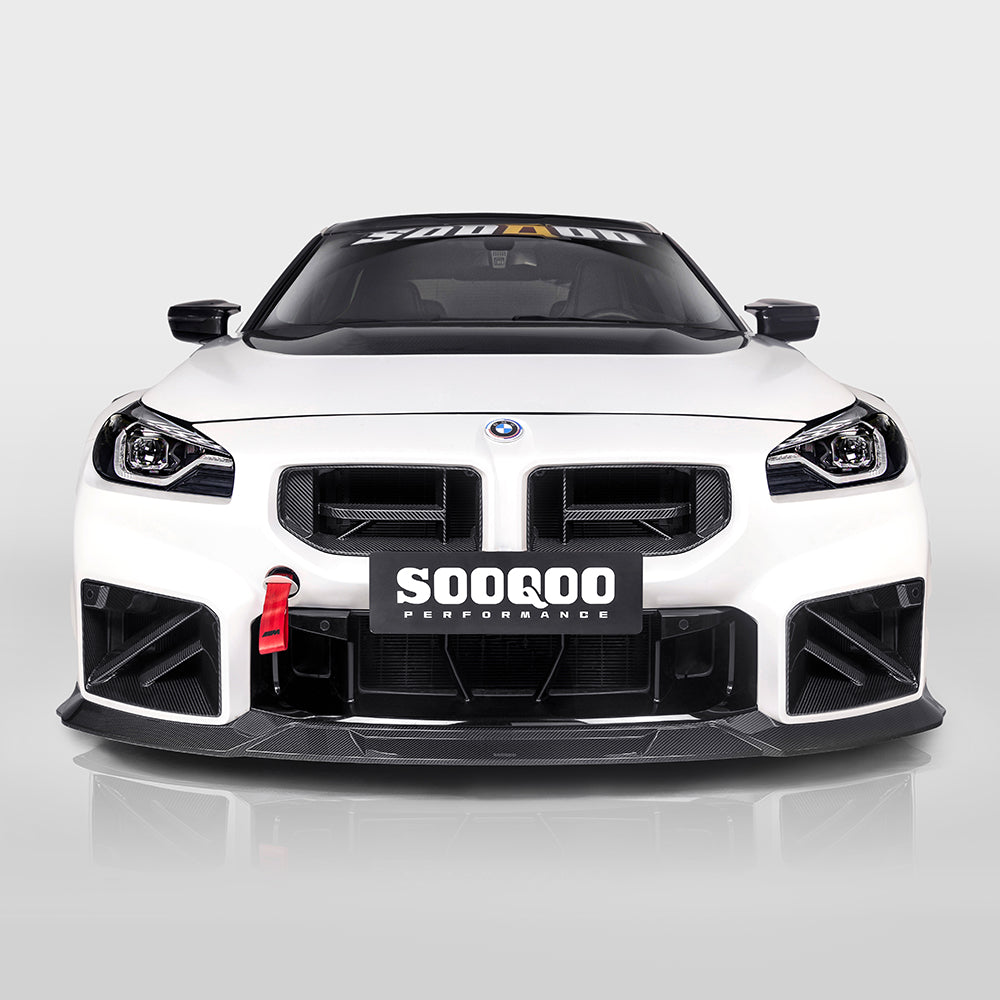 SOOQOO carbon fibre Front Splitter V3 installed on BMW M2 (G87), straight front studio view