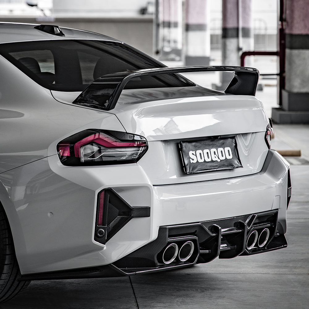 SOOQOO carbon fibre Rear Diffuser V1 installed on BMW M2 (G87), rear three-quarter view