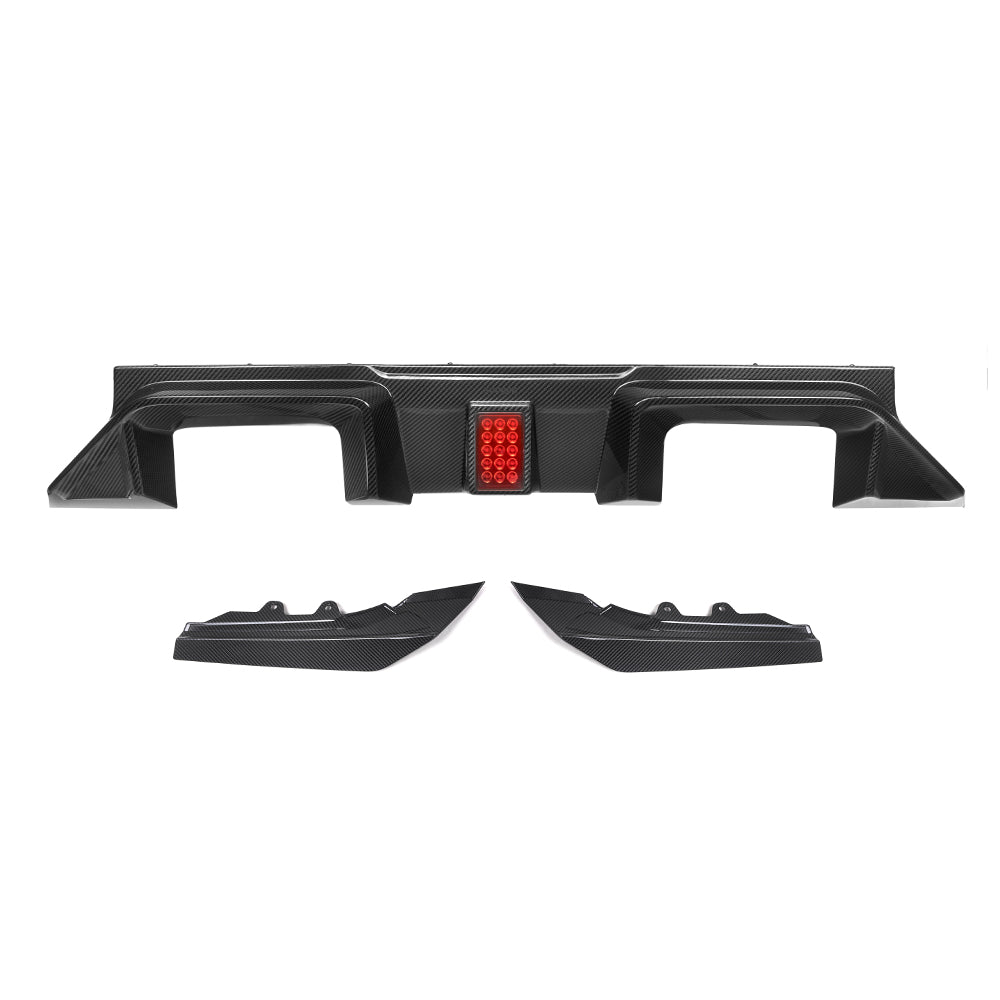 SOOQOO carbon fibre Rear Diffuser V3 kit set for BMW M2 (G87), studio view with F1-style light
