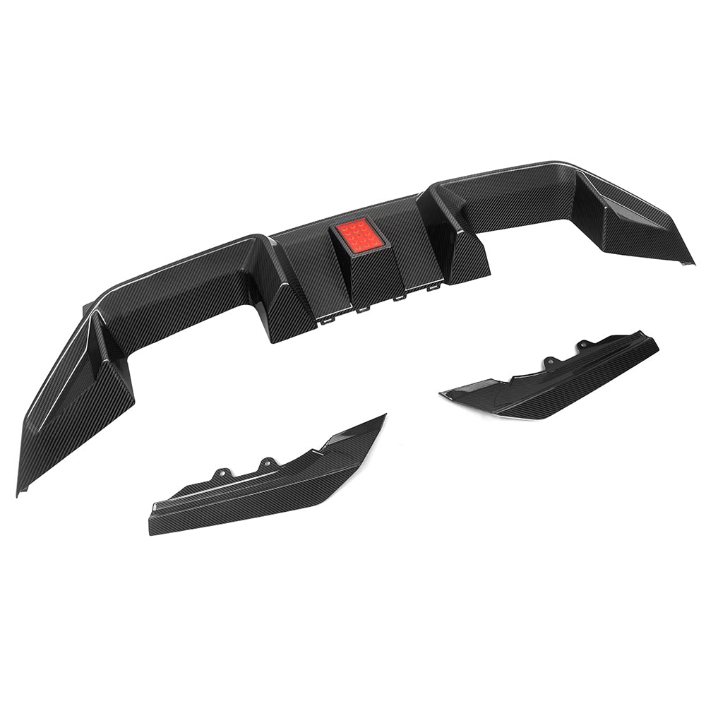 SOOQOO carbon fibre Rear Diffuser V3 for BMW M2 (G87), top view product shot with F1-style light