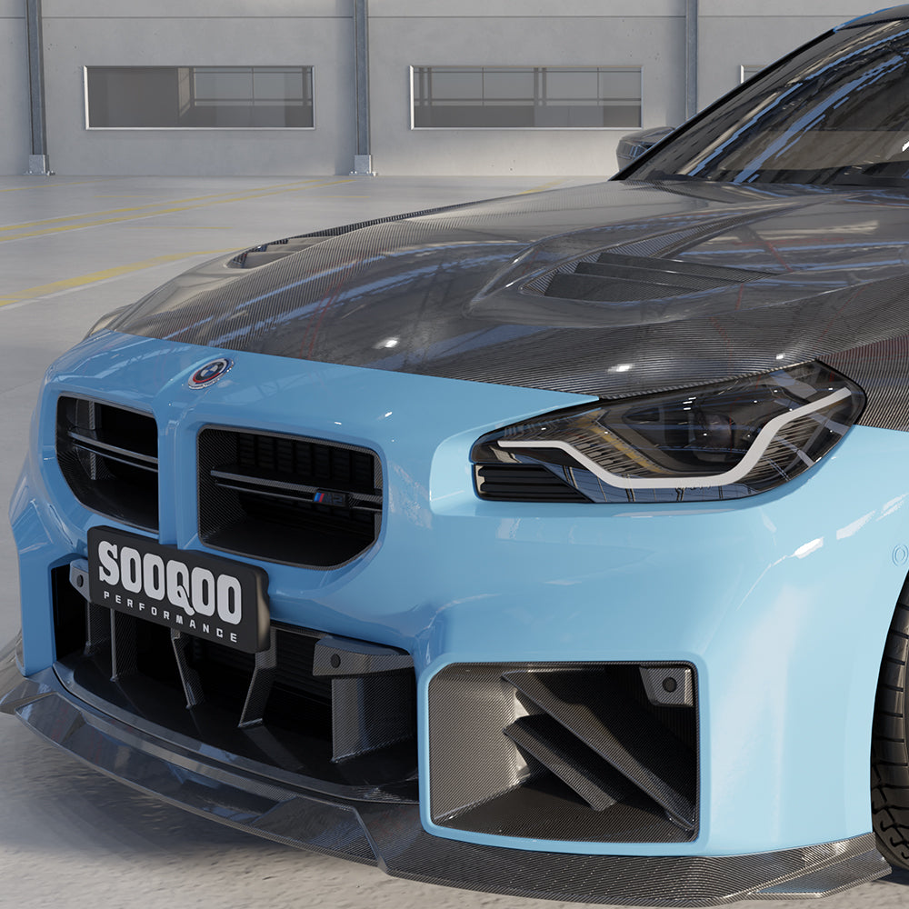 SOOQOO carbon fibre vented bonnet on BMW M2 (G87), front three-quarter view in garage setting