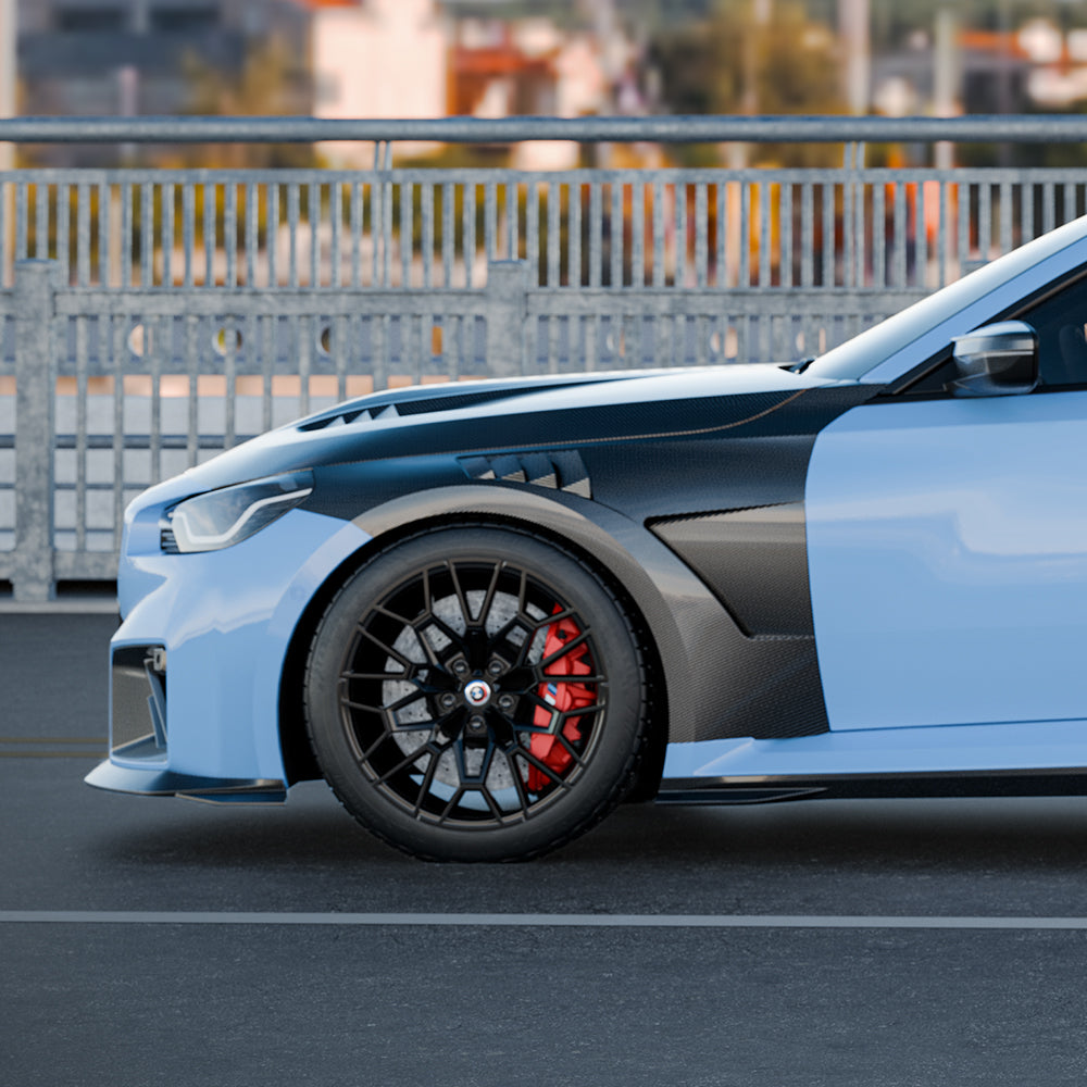 SOOQOO carbon fibre vented fenders installed on BMW M2 (G87), side profile front view