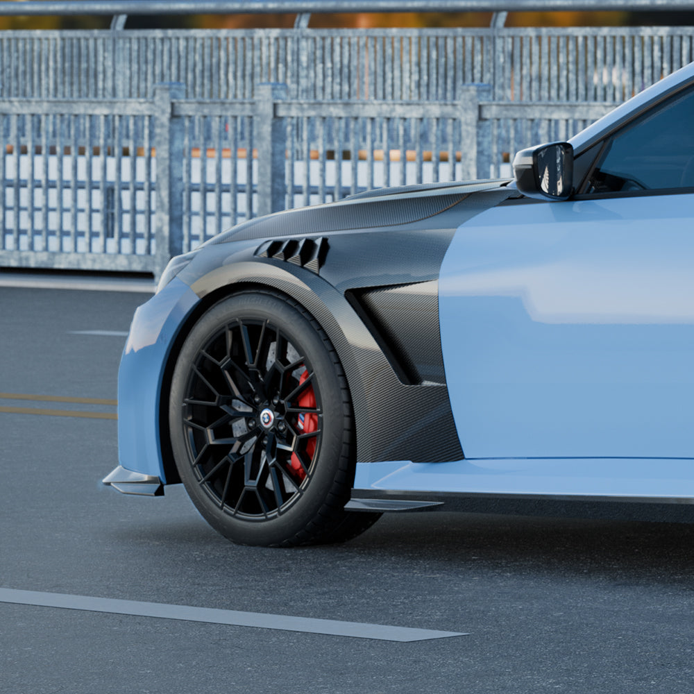 SOOQOO carbon fibre vented fenders on BMW M2 (G87), side profile rear view