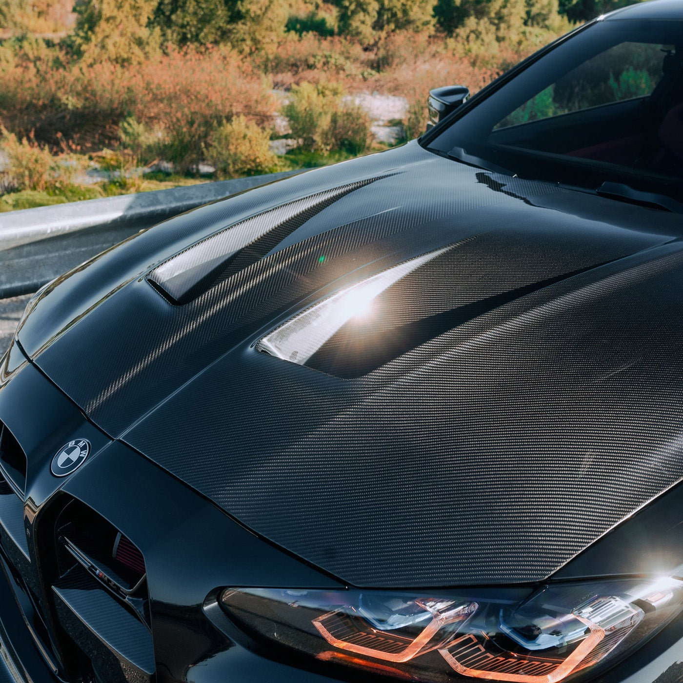 Installed Side View of Carbon Fibre Bonnet on BMW G80 M3 and G82 M4
