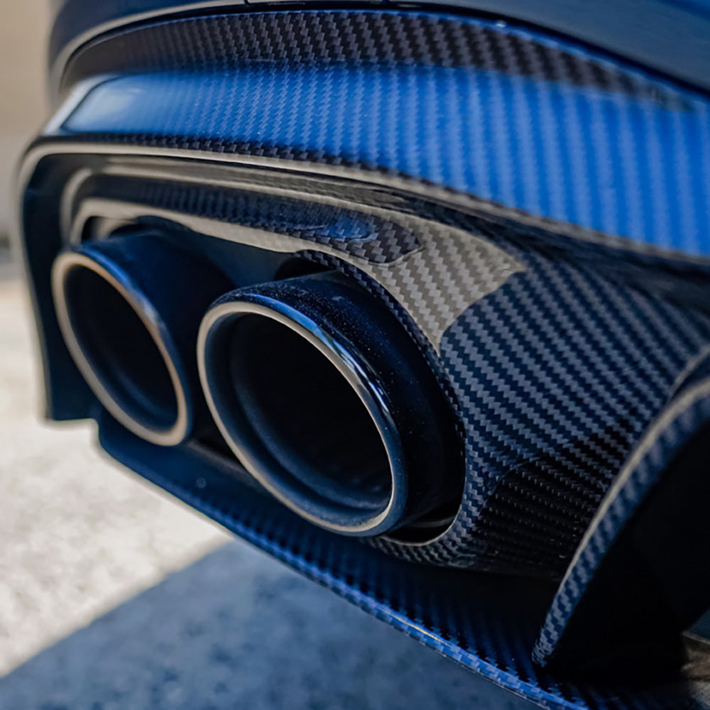 Close-up of carbon fibre rear diffuser and exhaust detail for Mercedes-AMG A45 S W177