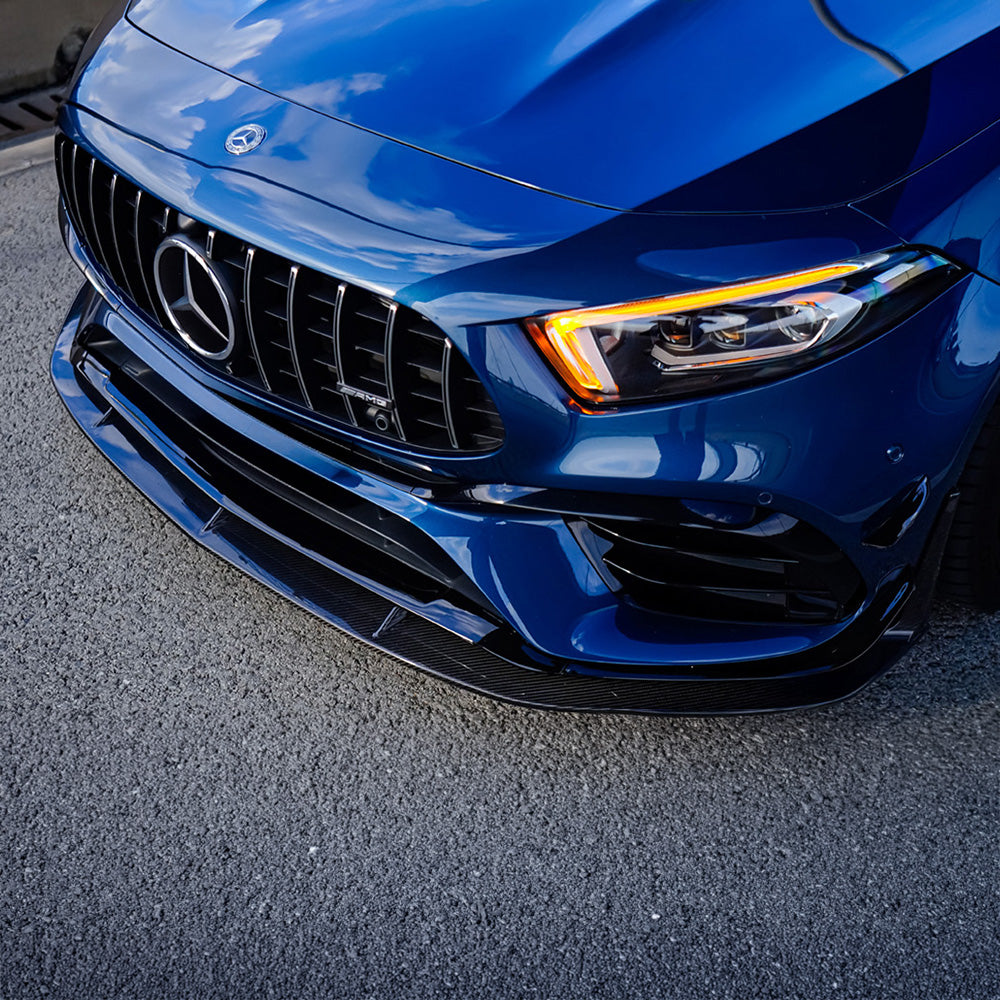 Close-up of carbon fibre front splitter on Mercedes-AMG A45 S W177