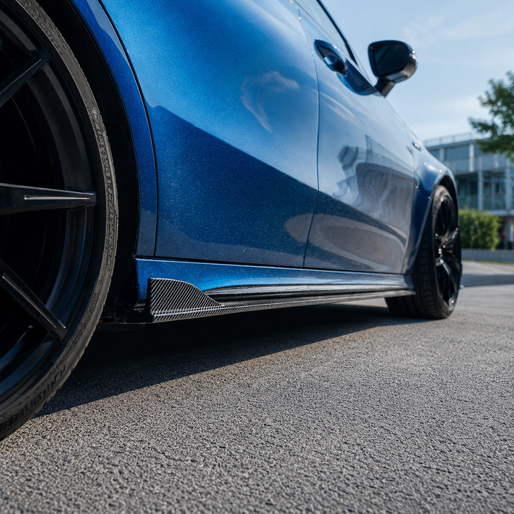 Close-up of carbon fibre side skirts on Mercedes-AMG A45 S W177