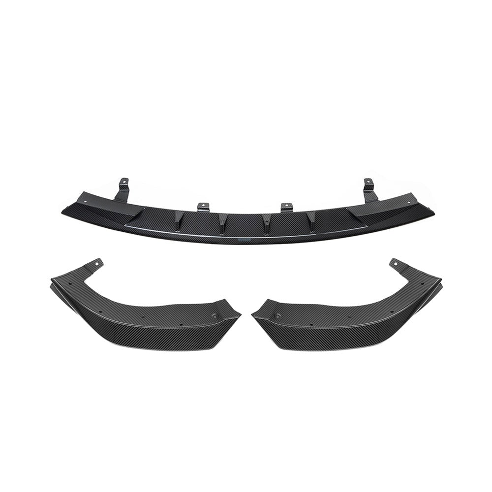SOOQOO carbon fibre front splitter kit set for Mercedes CLE53 AMG (C236), pieces shown in studio view