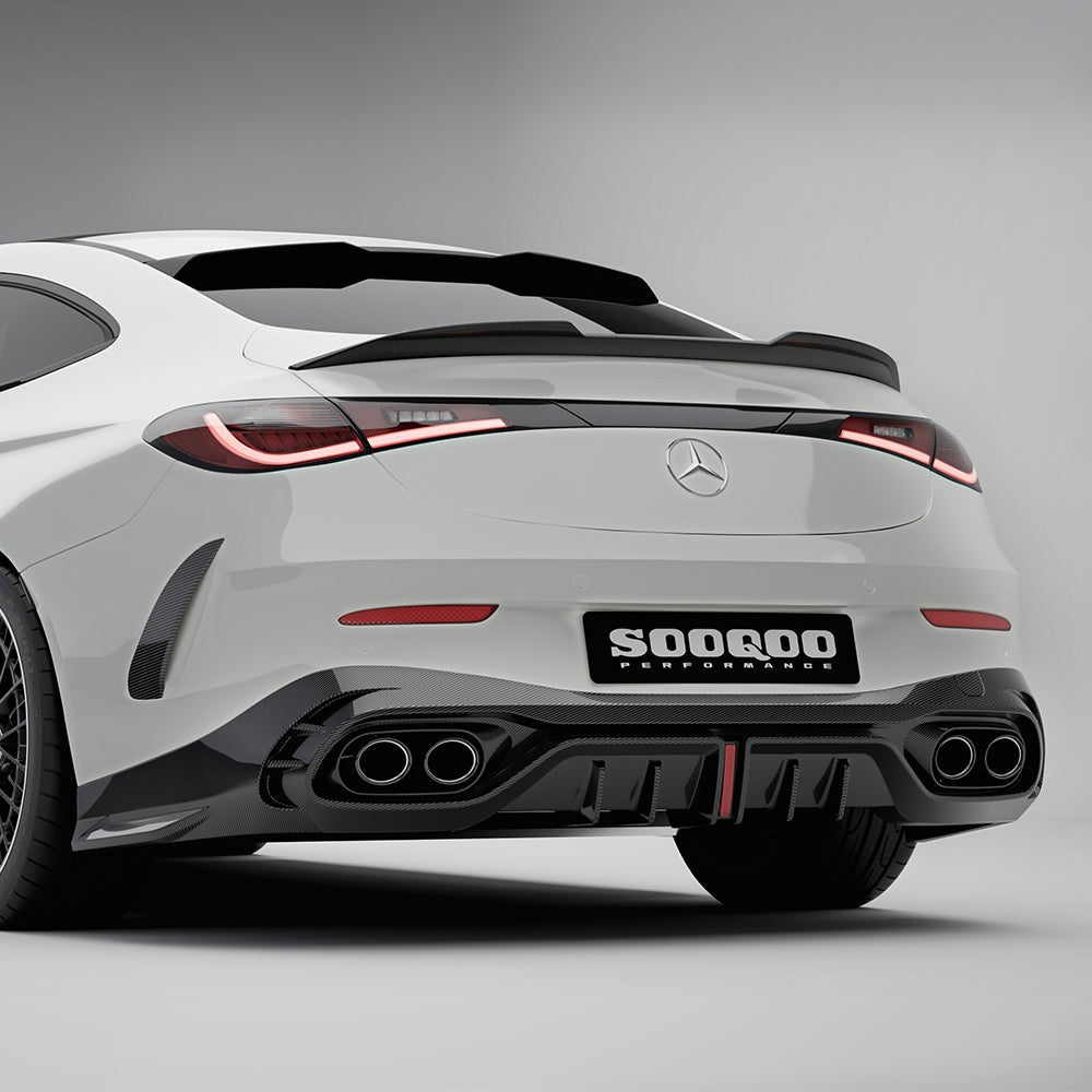 SOOQOO carbon fibre rear diffuser installed on Mercedes CLE53 AMG (C236), rear three-quarter low angle