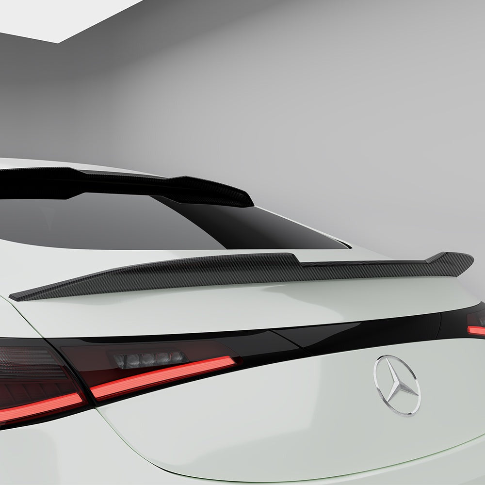 SOOQOO carbon fibre rear spoiler on Mercedes CLE53 AMG (C236), boot line close-up detail