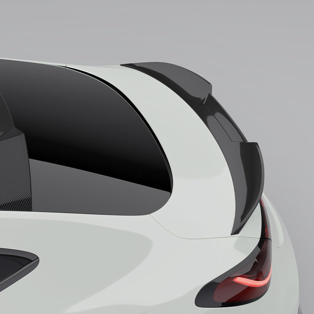 SOOQOO carbon fibre rear spoiler installed on Mercedes CLE53 AMG (C236), rear quarter close-up