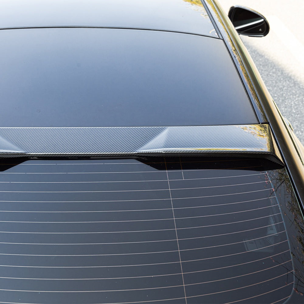 SOOQOO carbon fibre roof spoiler on Mercedes CLE53 AMG (C236), rear window angle view