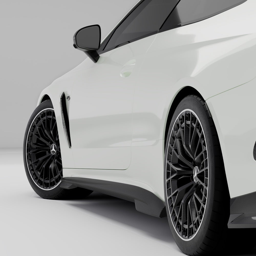 SOOQOO carbon fibre side skirts on Mercedes CLE53 AMG (C236), rear wheel close-up detail